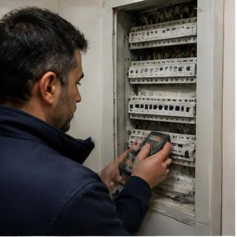 İstanbul elektrikçi ekibinin sigorta atması ve elektrik panosu arızalarının ölçülmesi için yerinde çalışması