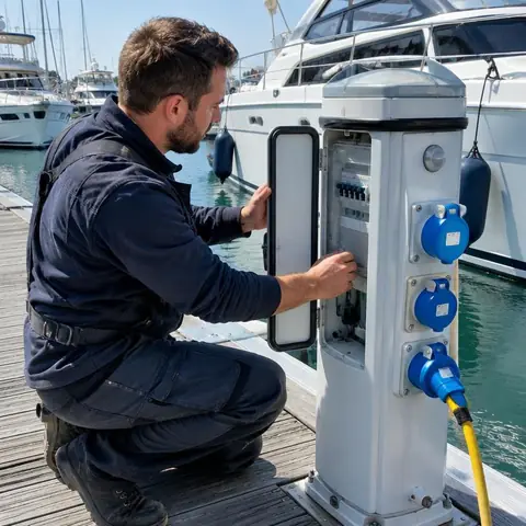Beylikdüzü West İstanbul Marina elektrikçi ekibinin rıhtım besleme kutularında conta, kilit ve kaçak akım koruması kontrolü için yerinde çalışması