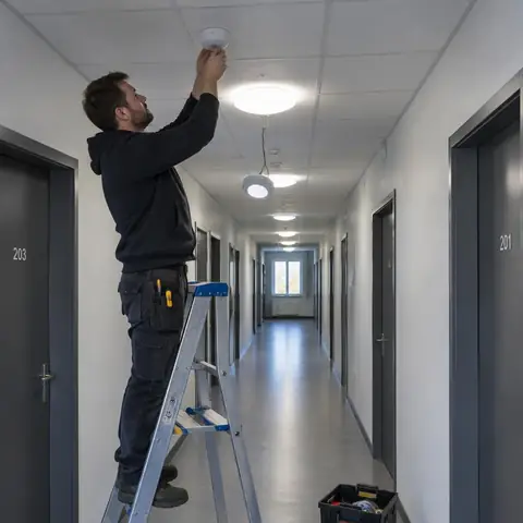 Beylikdüzü Beykent elektrikçi ekibinin apart ve yurt binalarında ortak alan aydınlatması bakımı için yerinde çalışması