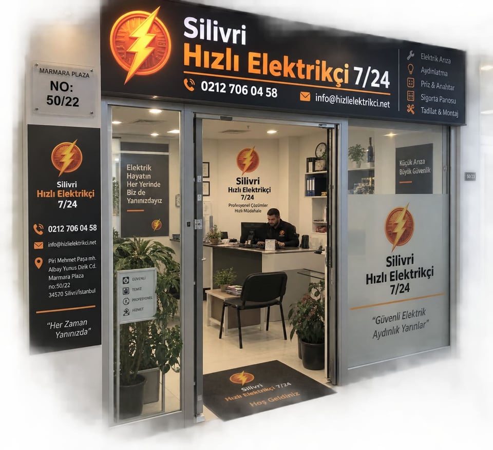 Silivri Elektrikçi — Silivri Hızlı Elektrikçi 7/24 tabelalı gerçek iş yeri: Marmara Plaza No:50/22'deki ışıklı tabelamız ve açık kapısıyla Silivri iş yerimizin ön cephesi