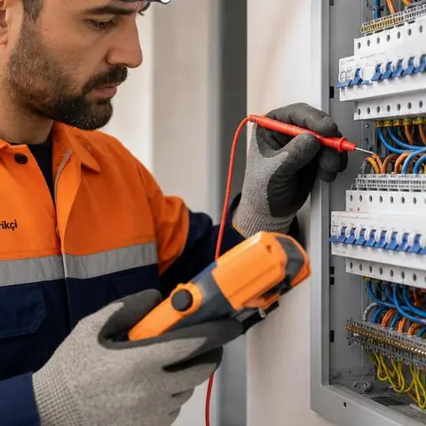 Silivri Çayırdere Mahallesi elektrikçi ekibinin eklemelerle büyümüş tesisatta hat takibi ve etiketleme için yerinde çalışması