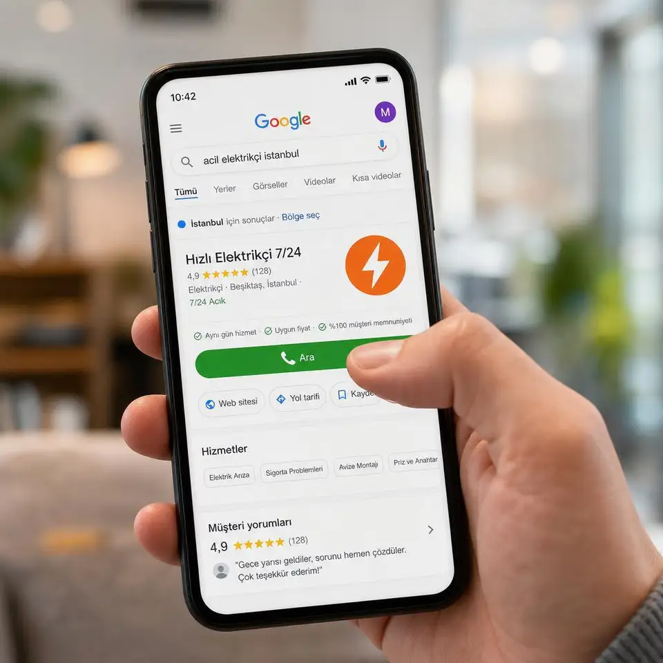 Müşteri, Google aramasında Hızlı Elektrikçi 7/24 işletme kartındaki ara butonuna dokunuyor