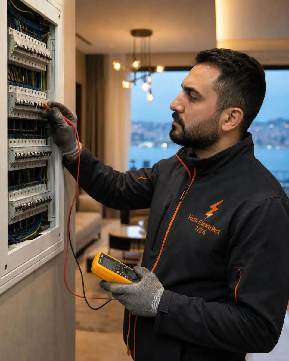 Hızlı Elektrikçi 7/24 ustası modern bir dairenin elektrik panosunda multimetre ile ölçüm yapıyor