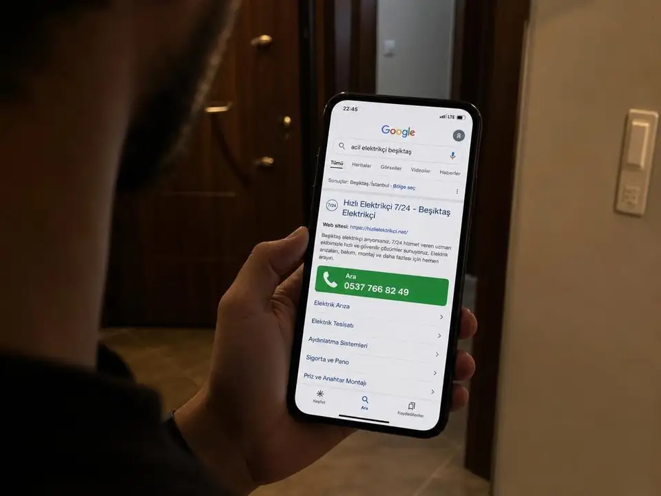 Telefonunda Google'da Hızlı Elektrikçi 7/24 arayan ve ara butonuna basmak üzere olan müşteri
