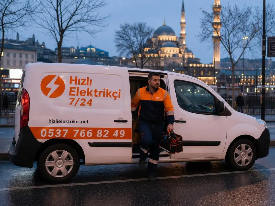 Hızlı Elektrikçi 7/24 logolu servis aracıyla adrese ulaşan üniformalı elektrik ustası
