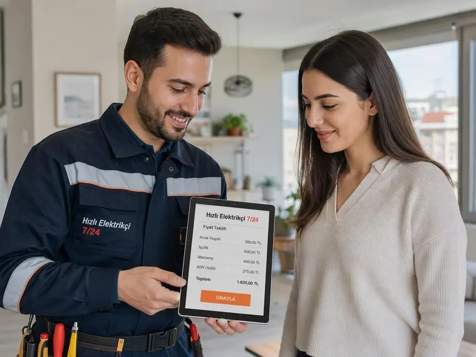 Yapılacak işlemi tablet üzerinden müşteriye anlatan elektrik ustası